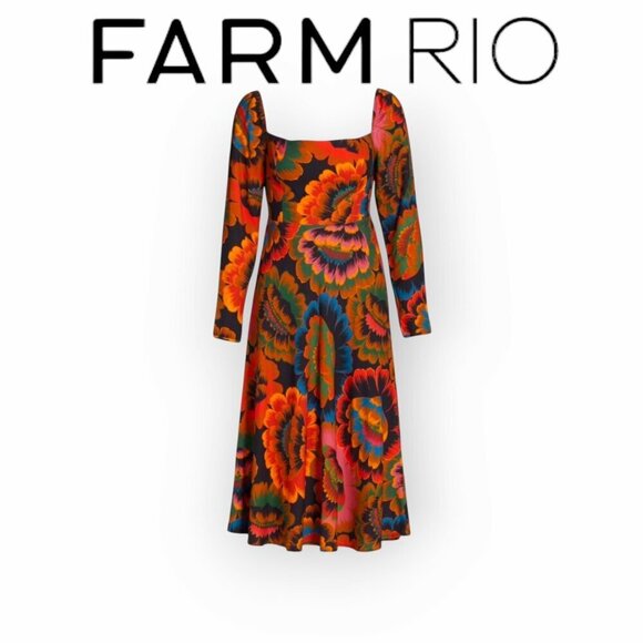 Farm Rio Autumn multicolored smocked back breathtaking viscose midi dress size S - Picture 1 of 16